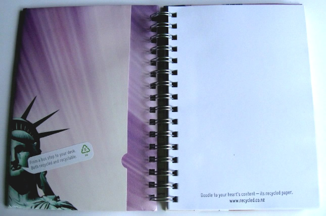 Inside the front cover a Donald Trump recycled poster notebook being used to raise funds for Women's Refuge.